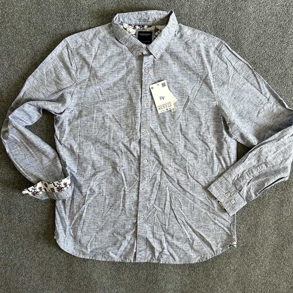Denim & Flower Ricky Singh Shirt Mens XL Gray Button Down Floral Trim Chambray